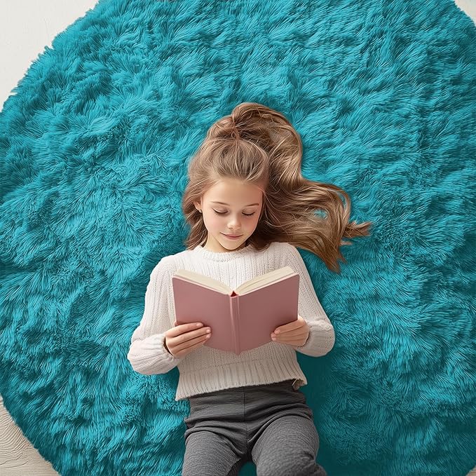 OLANLY Teal Round Rugs for Bedroom - Machine Washable, 5 ft Circle Area Rugs for Living Room, Soft and Fluffy Shaggy Carpet for Teen Girl and Boys, Nursery Rooms, Dorms, Home Decor Aesthetic