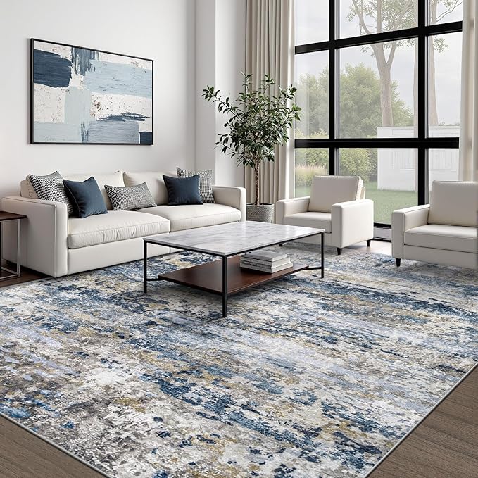 pmtsns Area Rugs 8x10 for Living Room: Washable Rug Modern Abstract Neutral Soft Non-Slip Low-Pile Indoor Large Carpet for Bedroom Dining Room Playroom Home Office (Blue Grey Brown, 8'x10')