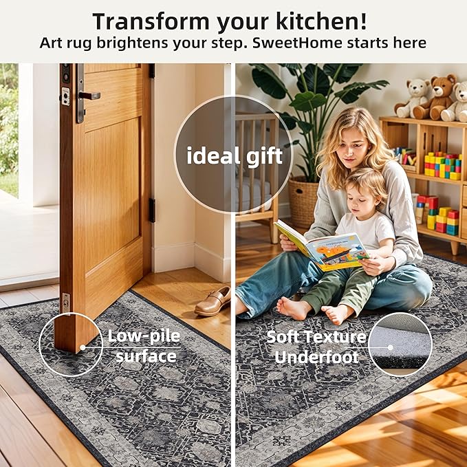 3 Pieces Kitchen Rug Sets: Farmhouse Washable Non-Slip Floor Mat for Sink Stove & Fridge Area Water Resistant Carpet for Laundry Room Entryway Soft Cozy Runners for Kids Pets Family(2x3+2x4+2x5,Black)