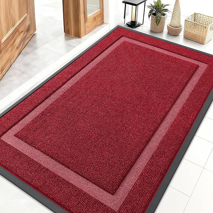 OLANLY Front Door Mat Indoor Outdoor Entrance, Waterproof All-Season, All-Weather Doormat, Sturdy Natural Rubber, Fade Resistant, Low Profile, Easy Clean Patio Porch Entryway Mat, 47x30, Wine Red