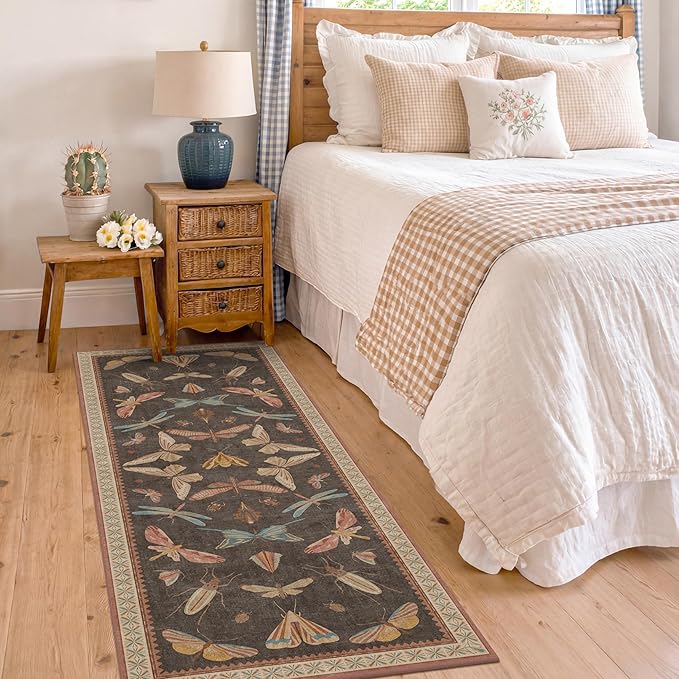 Brown 2x6 Indoor Rugs for Entryway - Washable Non Slip Runner for Kitchen Floor, Vintage Carpet Runners for Hallway 6ft, Insect Boho Design, Butterfly Moth Print Home Décor
