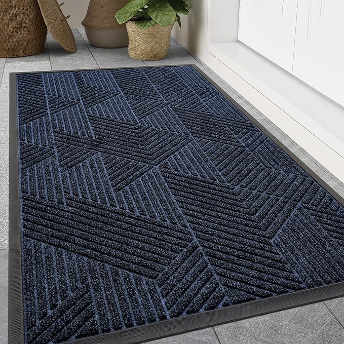Smiry Front Door Mat Outside Entrance, Heavy Duty Sturdy Natural Rubber Doormat, Trap Dirt and Moisture, Easy Clean Low Profile Mats for Indoor Outdoor Entry, Irregular Triangle (71x47, Navy Blue)