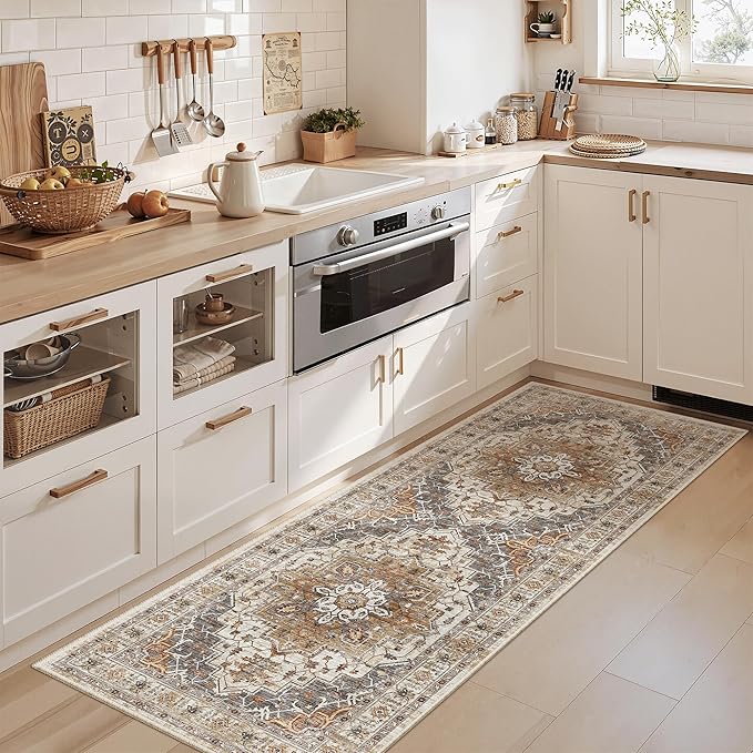 Madane Washable Runner Rug - 2x6 Rug Runners for Hallways 6 Feet Non Slip Vintage Kitchen Runner Rug Ultra-Thin Bathroom Runner Rugs Carpet Laundry Room Bedroom (2x6ft, Turmeric/Grey)