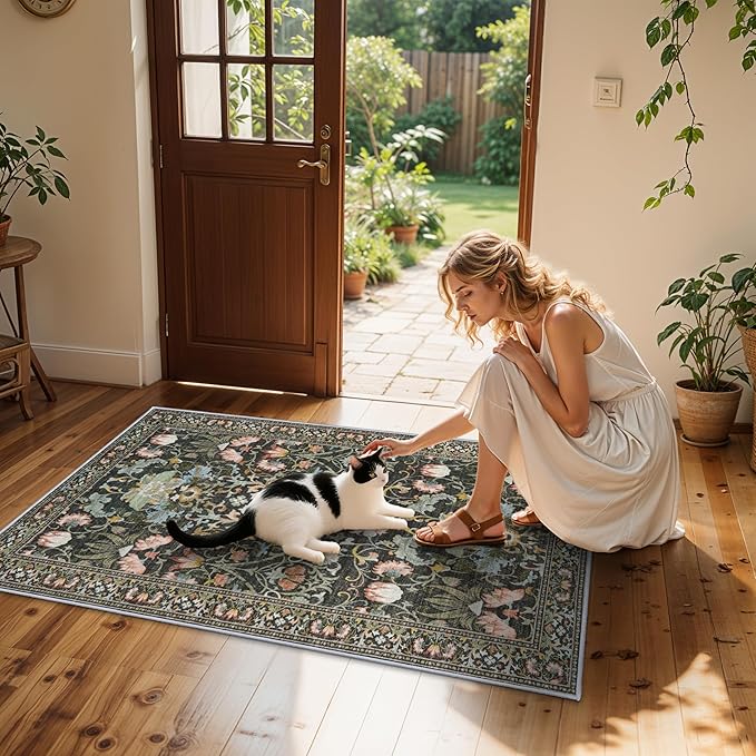 Washable 4x6 Bedroom Rug for Family: Non-Slip Floral Small Carpet for Living Room Kitchen Boho Low Pile Doormat for Entryway Soft Floor Mat for Nursery College Dorm Essentials for Girls(4x6,Green)