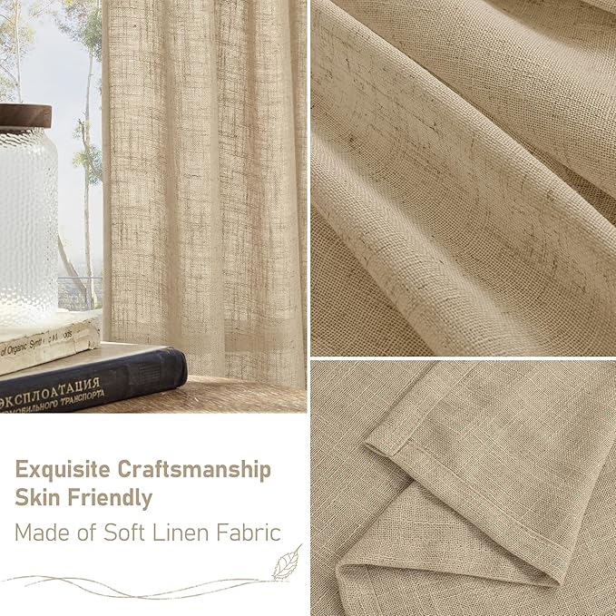 LAMIT 84 Inch Long Linen Curtains for Living Room 2 Panels Set, Light Filtering Semi Sheer Curtains Back Tab and Rod Pocket Neutral Panels for Bedroom, Brown, 60 x 84 Inch