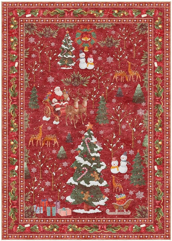 UERMEI Christmas Area Rug Living Room Rugs: 4x6 Neutral Modern Washable Festive Soft Thin Non-Slip Indoor Carpet for Bedroom Dining Table and Home Office Holiday Decor - Red
