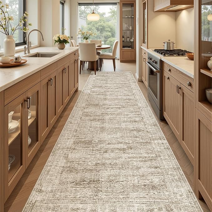 Runner Rug 2'6" x 10' Washable Non-Slip Runner Rugs for Kitchen Bathroom Laundry Room Vintage Ultra Thin Runners for Hallway Entryway Brown
