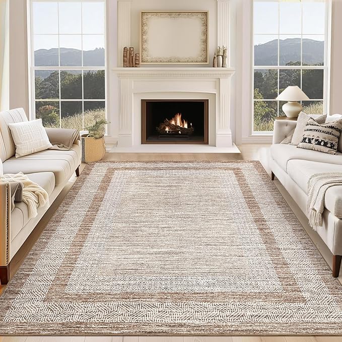 GarveeHome Modern Geometric Area Rug 4x6 Distressed Bordered Washable Non Slip Floor Carpet Non Shedding Thin Soft Low Pile Contemporary Brown Rug for Dining Room, Living Room