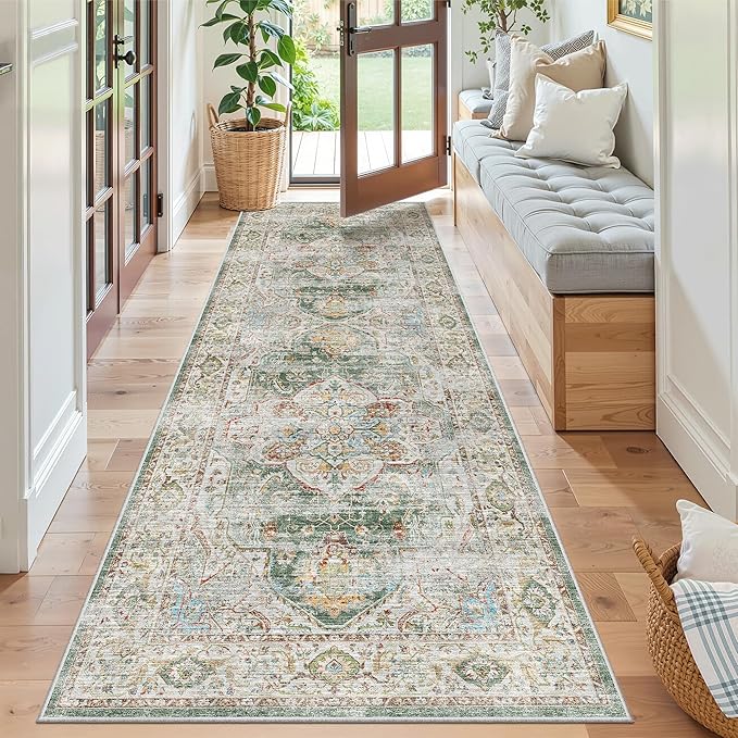 Madane Runner Rug 2'6''x8' Kitchen Runner, Hallway Runner Printed Vintage Washable Rugs Soft Non-Slip Low Pile Runners for Hallways Laundry Room Rug Distressed Rug, Green