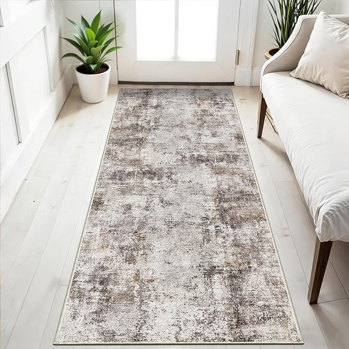 2x5 Washable Runner Rug for Hallway: Non Slip Entryway Runners Rugs Easy-to-Clean - Soft Living Room Bedroom Carpet - Thin Low Pile Floor Mat for Dining Room Beige Brown