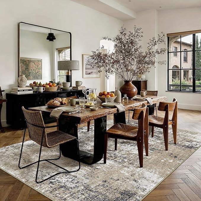 PureCozy 8x10 Abstract Area Rug Brown Washable Modern Neutral Living Room Carpet Non Slip Ultra Soft Low Pile Contemporary Bedroom Large Rug Indoor Office Dining Room Under Table Playroom