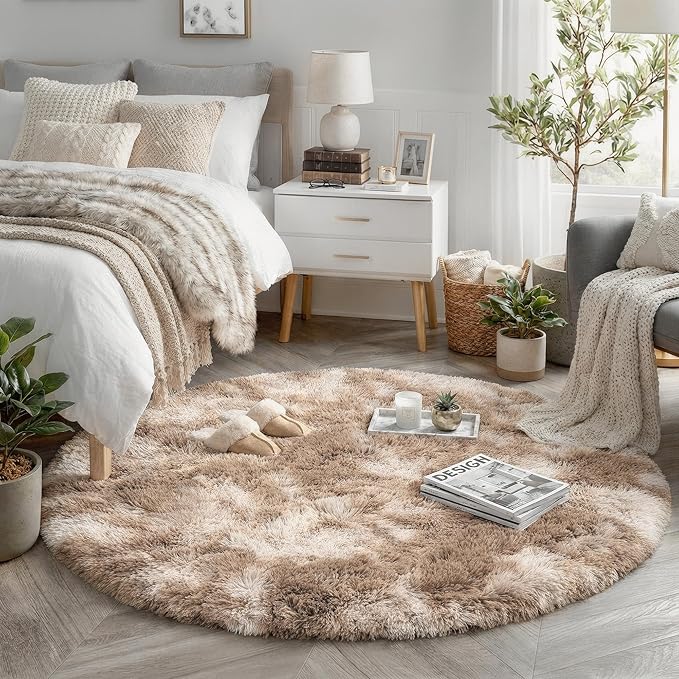 Amdrebio Tie-Dyed Beige Tan Round Circle Area Rug 5Ft for Bedroom, Fluffy Plush Shag Furry Rugs for Kids Room, Living Room Decor Aesthetic, Cute Fuzzy Neutral Carpet for Baby Nursery Playroom Dorm