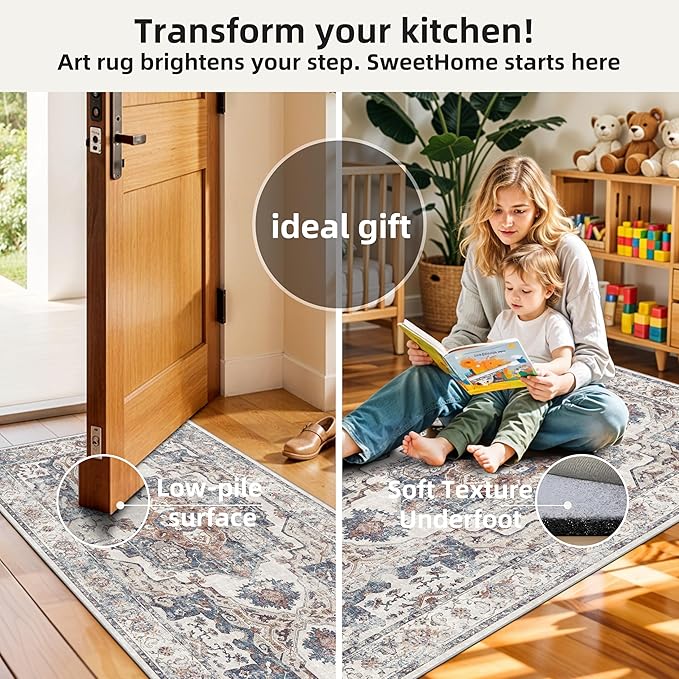4 Pieces Kitchen Rug Set: Washable Water Resisitant Carpet for Sink Stove Area Soft Floor Mats with Non-Slip Backing for Bathroom Low-Pile Runners for Family with Elderly Dogs(2x3+2x4+2x5+2x6,Brick)