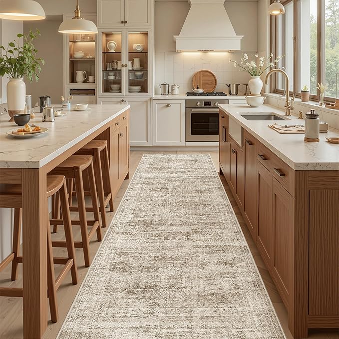 Runner Rug 3x8 Washable Non-Slip Hallway Runner Rugs for Kitchen Bathroom Laundry Room Brown Vintage Floor Carpet Runners for Hallways Entryway