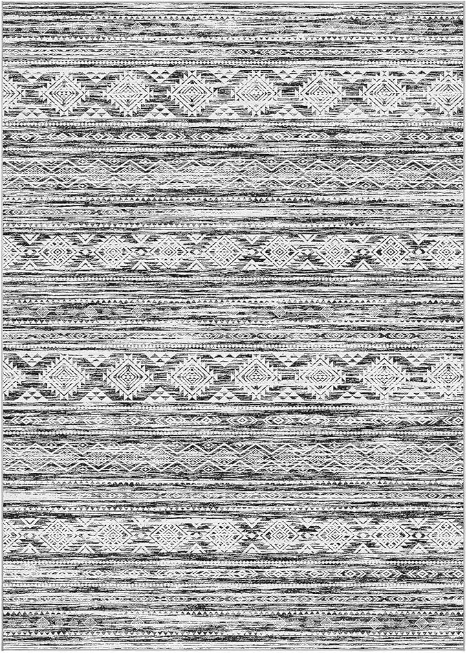 Nakagishi Area Rug Living Room Rugs: 7X9 Machine Washable Boho Large Neutral Farmhouse Stain Resistant Moroccan Indoor Floor Carpet for Bedroom Nursery Dorm Dining Room Home-White Black