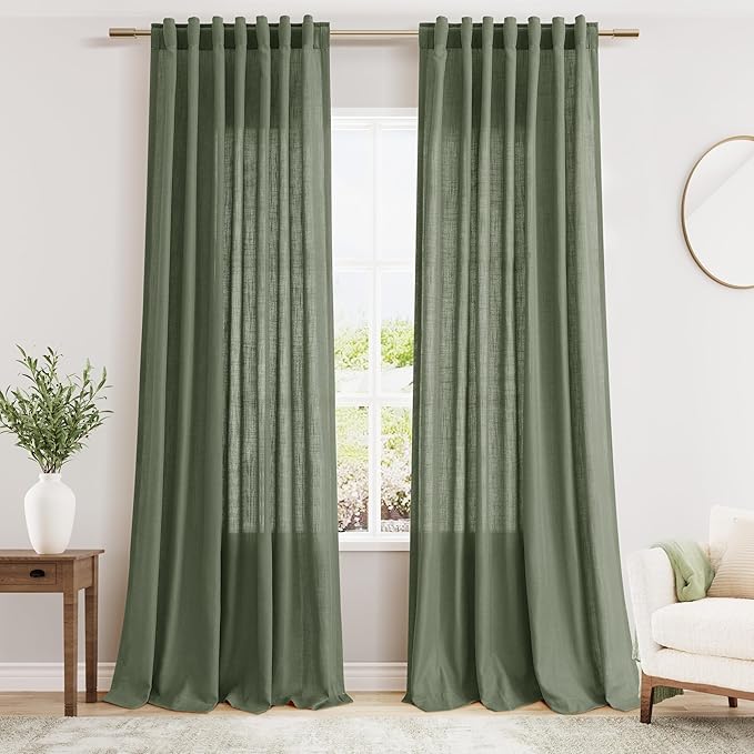 Extended Curtain Olive Green Linen Sheer Curtains for Living Room 2 Panels Set 116 Inch Length Back Tab Light Filtering & Breathability Semi Sheer Curtain Drapes for Bedroom Living Room 52x116