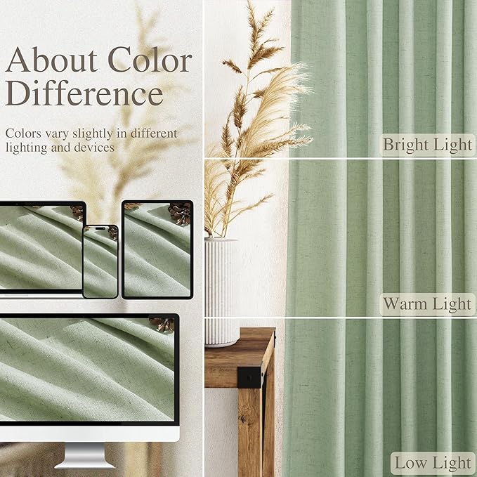Mist Sage Linen Curtains 90 Inch Long 2 Panels Set for Bedroom Living Room Linen Textured Window Drapes Semi Sheer Light Filtering Rod Pocket Back Tab Cotton Textured Farmhouse Curtain 52x90
