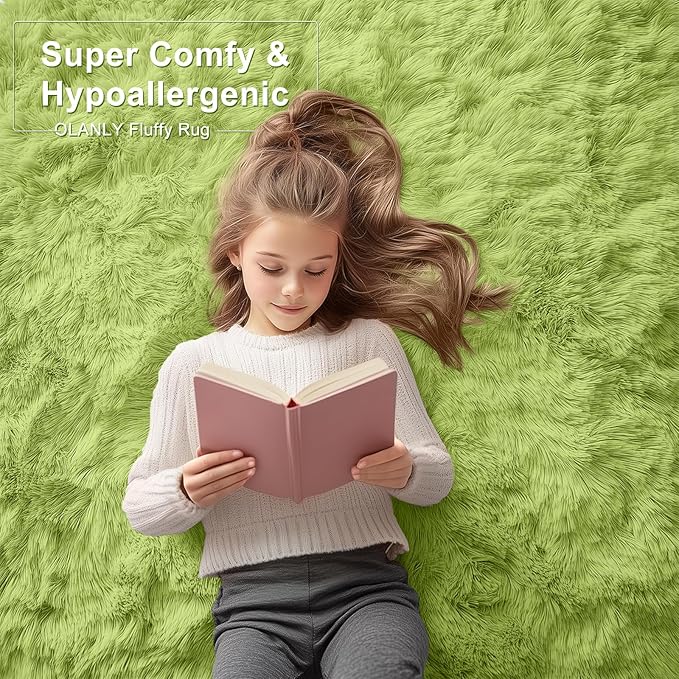 OLANLY 2x4 Machine Washable Runner Rugs for Hallway, Soft Fluffy Shaggy Bedside Rugs for Bedroom, Living Room, Indoor Floor Carpet for Kids Girls Boy, Nursery Rooms, Home Decor Aesthetic, Grass Green