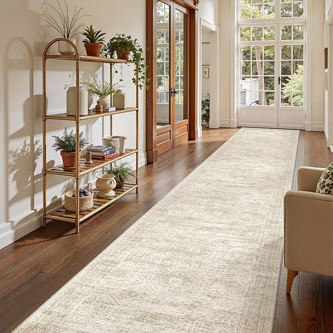 Washable Runner Rug 2.5x16, Non-Slip Long Hallway Runner for Entryway, Soft Vintage Kitchen Mats for Floor, Abstract Dining Room, Bedroom, Living Room Rugs(2.5'x16', Beige/Ivory)