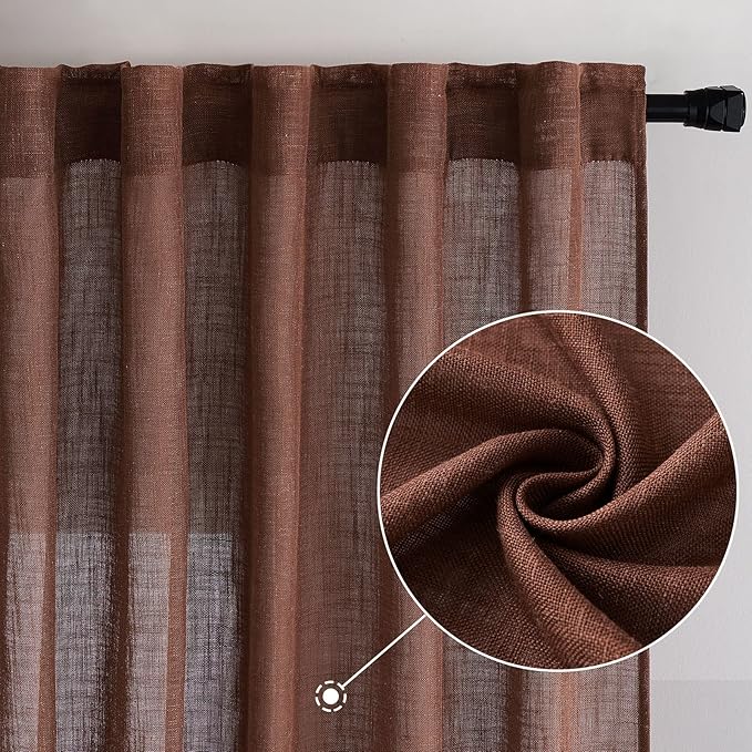 MIULEE Chocolate Brown Linen Curtains 96 Inch Long for Bedroom Living Room, Soft Thick Linen Textured Window Drapes Semi Sheer Light Filtering Back Tab Rod Pocket Burlap Look Decor, 2 Panels