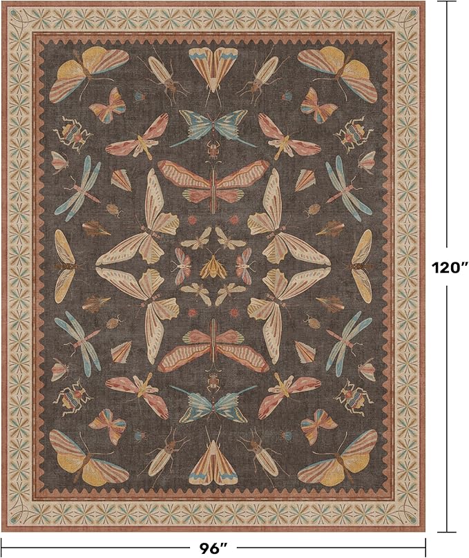 Brown Large 8x10 Living Room Area Rug, Unique Washable Insect Rugs for Bedroom, Stain Resistant Farmhouse Carpet for Dining Room, Whimsical Home Décor, Low Pile & Soft Mat