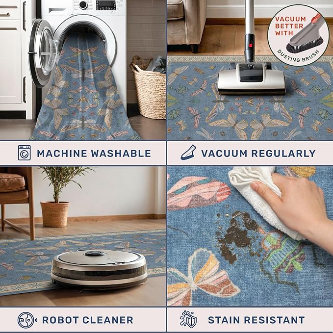 Blue 2x3 Kitchen Rugs Non Slip Washable, 0.25" Low Pile Stain & Fade Resistant, Waterproof Indoor Floor Mat for Entryway, Bathroom, Laundry Room, Boho Insect Floral Decor