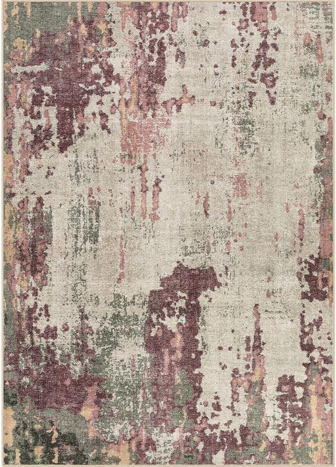 UERMEI 8x10 Area Rug Living Room Rugs - Washable Neutral Modern Abstract Soft Thin Rug Indoor Floor No Slip Rug Carpet for Bedroom Under Dining Table Home Office Decor - Purple/Green/Beige