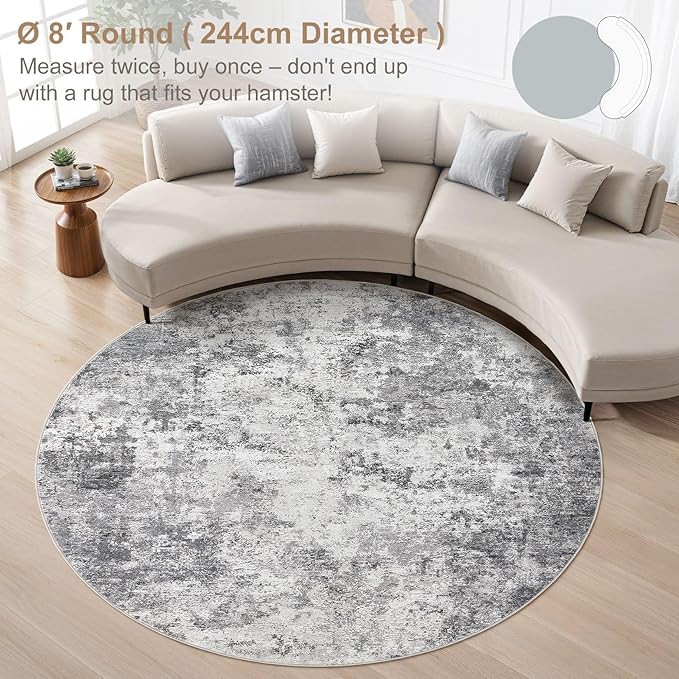 8ft Round Area Rug Living Room Rugs - 8x8 Washable Neutral Modern Abstract Soft Thin Rug Indoor Floor No Slip Rug Carpet for Bedroom Under Dining Table Home Office Decor - Grey