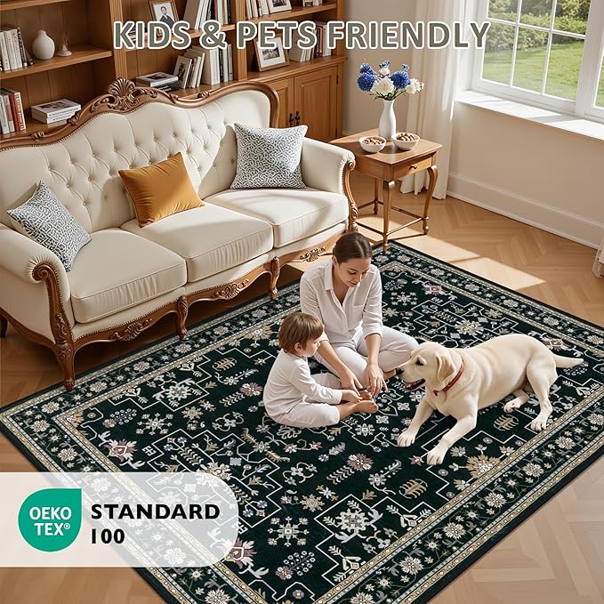 Area Rugs 10x12 Living Room Rug: Washable Rug Soft Vintage Boho Medallion Carpet Indoor Floor Non-Slip Stain Resistant Large Carpets for Bedroom Dining Room Farmhouse Nursery Home Office Black