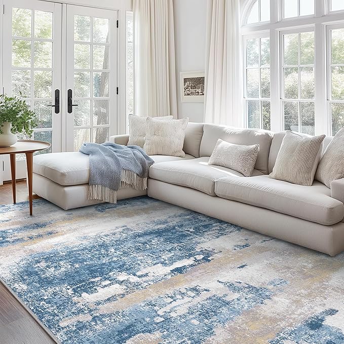 BEIMO Area Rugs 5x7 for Living Room Bedroom, Modern Abstract Machine Washable Soft Blue Rug, Floor Carpet with Non Slip Backing for Dining Room