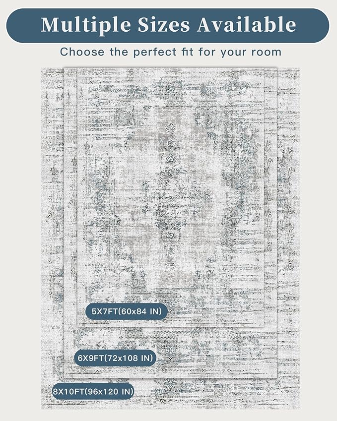 Madane 5x7 Area Rugs Washable Rug: Vintage Living Room Rug with Non-Slip Backing Low Pile Rugs Soft Indoor Floor Thin Carpet Non Shedding Carpets for Bedroom Dining Room Farmhouse Blue/Grey