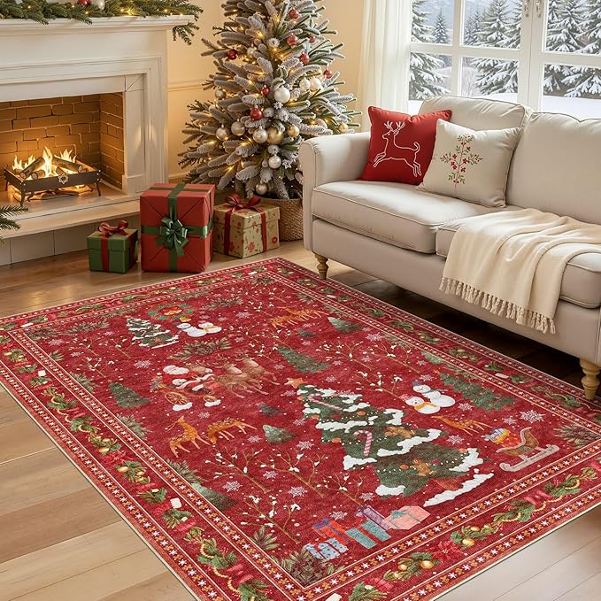 UERMEI Christmas Area Rug Living Room Rugs: 4x6 Neutral Modern Washable Festive Soft Thin Non-Slip Indoor Carpet for Bedroom Dining Table and Home Office Holiday Decor - Red