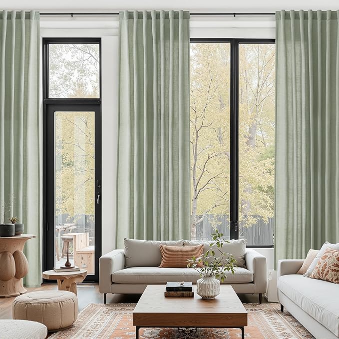 Desert Sage Linen Curtains for Living Room 126 Inches Long Light Filtering Semi Sheer Curtain Back Tab Rustic Farmhouse Decor Elegant Drapes Floor to Ceiling High Window for Bedroom 52x126, 2 Panels