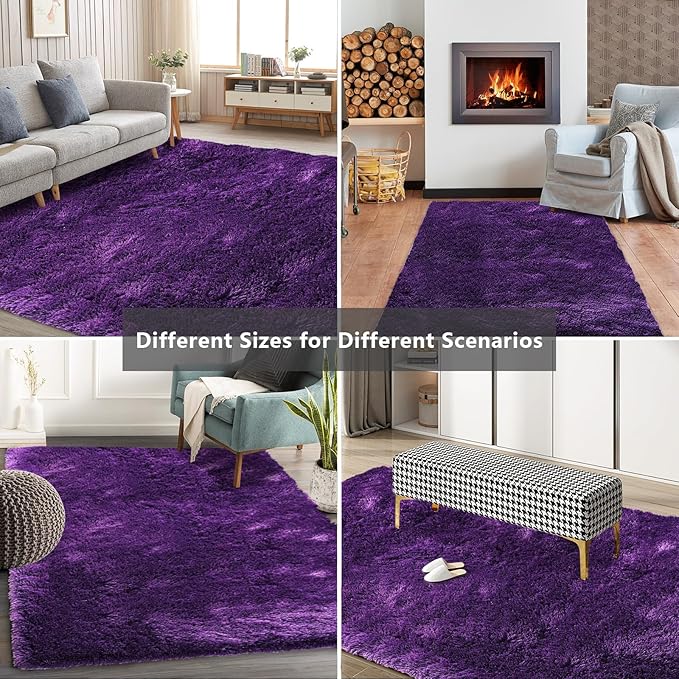 Shag Area Rugs for Bedroom Living Room,8X10 Ultra Soft Purple Fluffy Area Rugs for Dorm, Indoor Carpet Nursery Rugs for Kids Room Home Decor, Purple