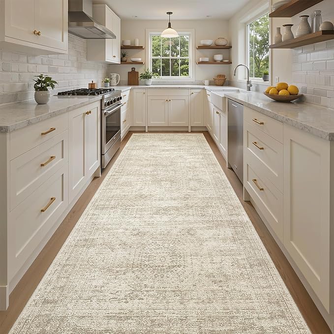 4x10 Wide Hallway Runner Rug: Washable Soft Rug Runners for Living Room Bedroom Ktichen, Stain Resistant Low Pile Area Rugs Non Slip Floor Carpet (Beige, 4x10)