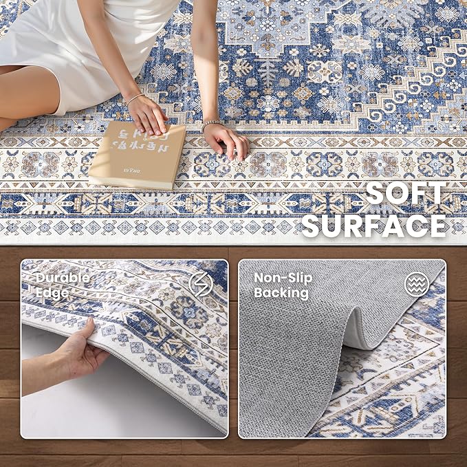 zesthome 8x12 Area Rugs,Stain Resistant Washable Rug,Ultra-Thin Rugs for Living Room,Bedroom,Non-Slip Backing Home Decor Large Area Rug (Blue/Beige,8'x12')