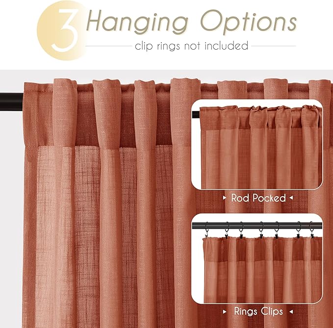 96 inch Linen Terracotta Curtains 2 Panels for Living Room Back Tab Light Filtering Semi Sheer Rust Colored Curtains 96 inches Long Soft Thick Cotton Cloth Textured Rustic Boho Farmhouse Room Decor
