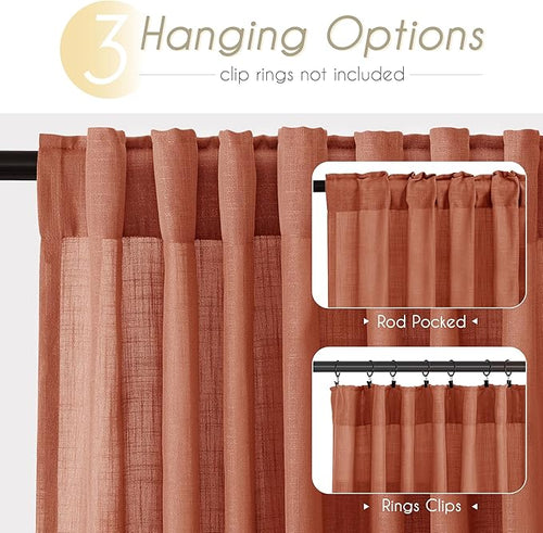100 inch Linen Terracotta Curtains 2 Panels for Living Room Back Tab Light Filtering Semi Sheer Rust Colored Curtains 100 inches Long Soft Thick Cotton Cloth Textured Rustic Boho Farmhouse Room Decor