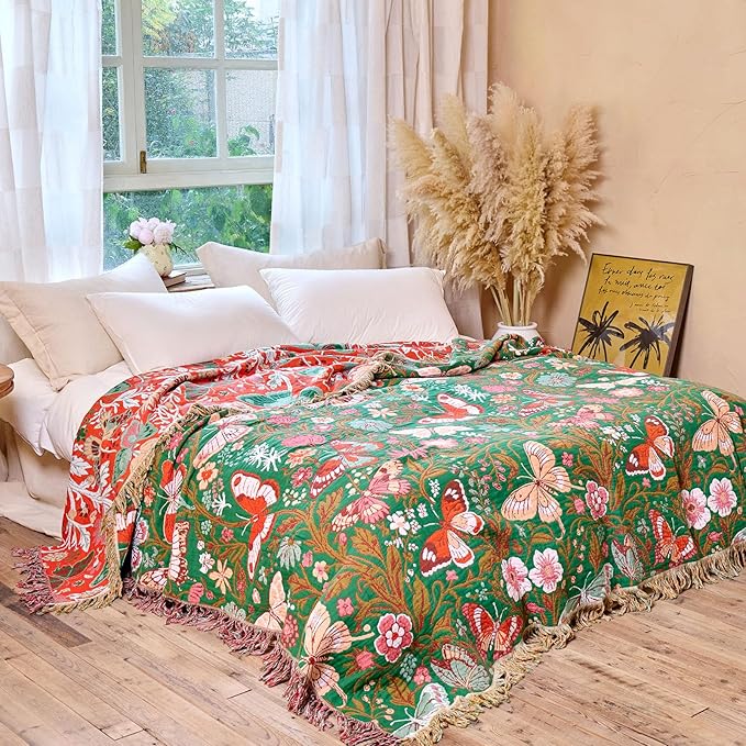 MSGKV Boho Throw Blanket for Bed 60"x80" Butterfly Floral 100% Cotton Couch Blanket Spring Breathable Lightweight Farmhouse Twin Size Blankets for Sofa Home Decor Muslin All Seasons