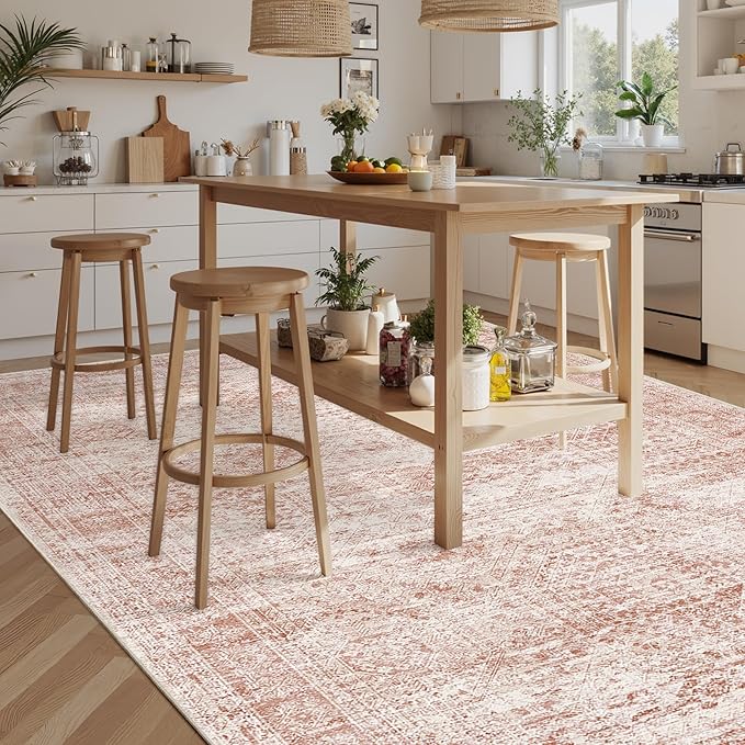 Soalmost 9x12 Area Rugs for Living Room, Non Slip Machine Washable Vintage Rugs, Low Pile Lightweight Large Rug for Bedroom, Dining Room, Home Office Pink