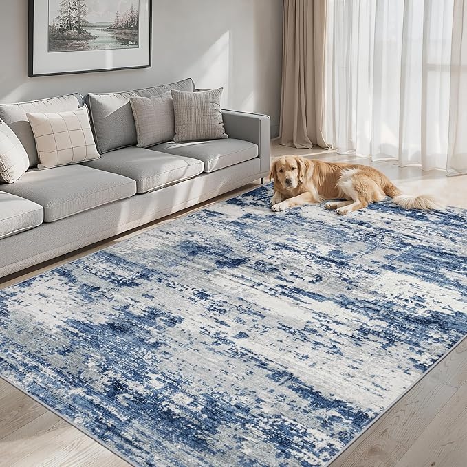 6x9 Area Rugs for Living Room - Washable Rug Modern Abstract Soft Large Neutral Non-Slip Carpet Indoor Floor Thin Carpets for Bedroom Dining Room Farmhouse Nursery Home Office Blue Gray