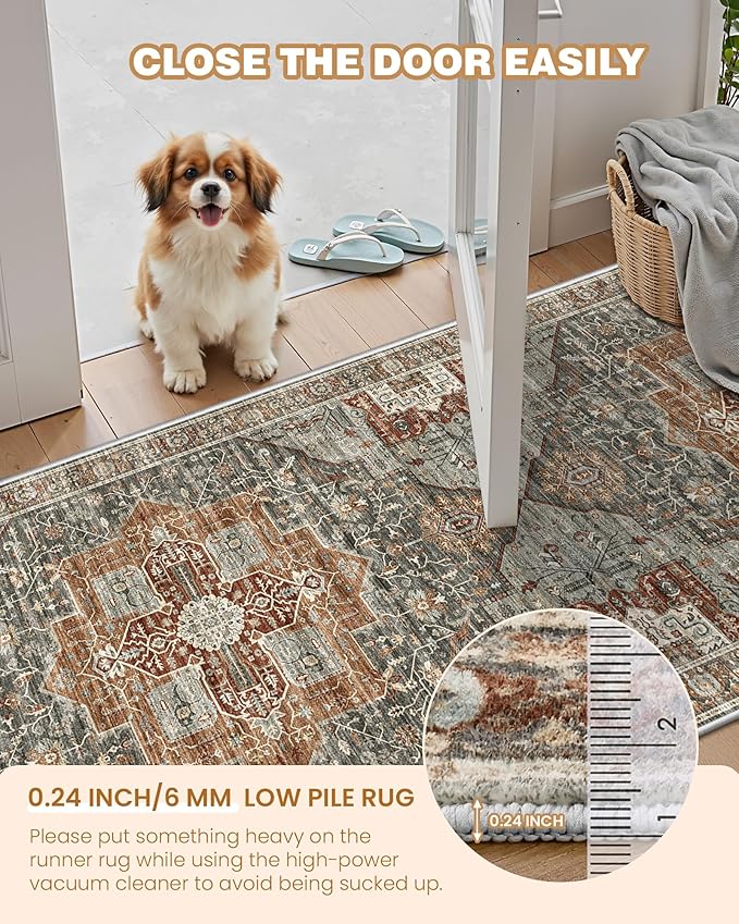 Runner Rug 2x10, Ultra-Thin Kitchen Rugs Non Slip Washable Rugs for Entryway Rug, Kitchen Runner Low Pile Vintage Soft Carpets for Living Room, Bathroom Bedroom (Grey/Brown/Tan,2'x10')