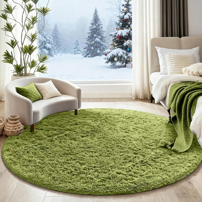 Ophanie Green Round Rug 5Ft Circle Area Rug, Green Room Decor, Fluffy Fuzzy Bedroom Carpet, Plush Soft Shaggy Living Room Rugs for Kids Home Decor Aesthetic, Nursery