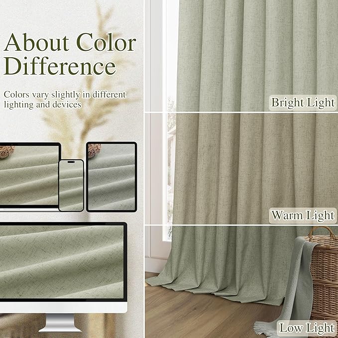 Sage Green 100% Blackout Linen Curtains 72 Inch Length 2 Panels Set for Living Room Bedroom Back Tab Thermal Insulated Black Out Drapes Room Darkening Farmhouse Window Curtains 72 Inches Long