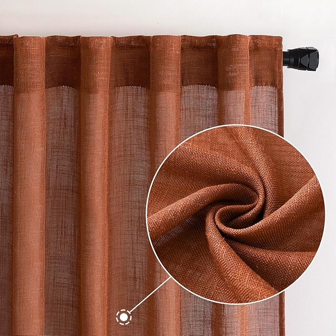 MIULEE Burnt Orange Linen Curtains 90 Inch Long for Bedroom Living Room, Soft Thick Linen Textured Window Drapes Terracotta Rust Boho Fall Decor Semi Sheer Light Filtering Back Tab 2 Panels