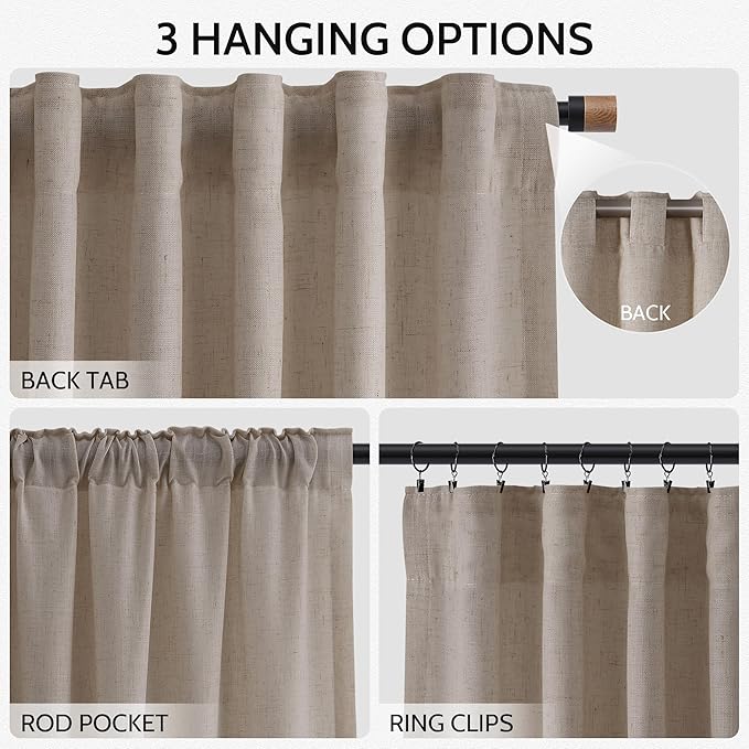 Nanspring Ecru Curtains 90 Inches Long for Living Room Linen Blend Light Filtering Semi Sheer Curtain Back Tab Rod Pocket Rustic Decor Natural Farmhouse Elegant Drapes for Bedroom 52x90, 2 Panels