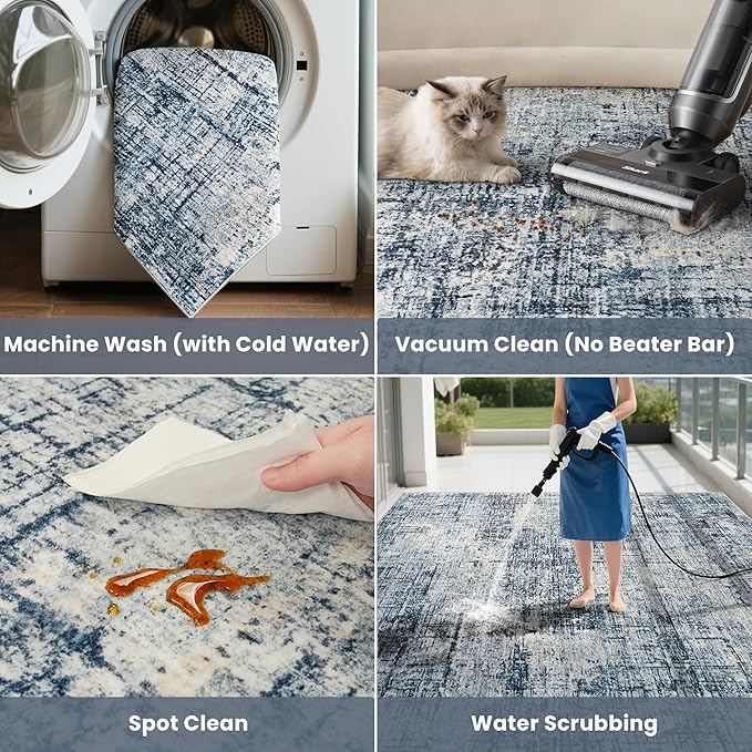8x10 Area Rugs for Living Room Washable Rug: Anti-Skid Abstract Modern Living Room Rug Soft Thin Carpets Indoor Floor Non-Shedding Carpet for Bedroom Dining Farmhouse Nursery Home Office Blue Gold