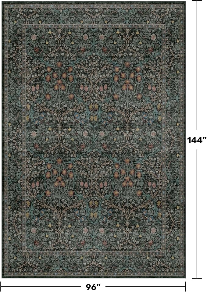 8x12 Area Rug for Living Room - Large Washable Rugs for Bedroom, Dining Room Under Table, Ultra Soft Low Pile Non-Slip Stain Resistant Carpet - Dark Green Vintage Floral Décor