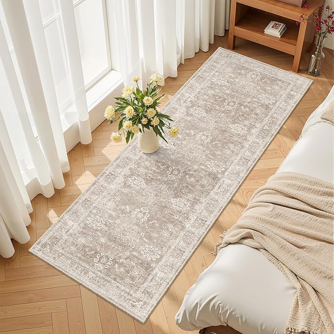 Madane 2x6 Washable Runner Rug Non-Slip, Vintage Kitchen Hallway Rug with Rubber Backing, Soft Low Pile Throw Carpet Runner for Entryway Laundry Bathroom Bedroom Living Room (2 x 6, Brown/Sand)