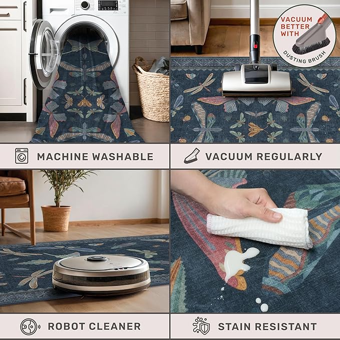 Vintage 2x6 Navy Blue Bathroom Rugs - Washable Insect Runners for Kitchen Floor, Hallway, Low Pile & Soft Non Slip Bedroom Carpet with Rubber Backing, Dark Retro Moth Decor